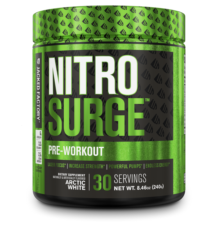 Jacked Factory's Arctic White Nitrosurge (30 servings) in a black bottle with green label