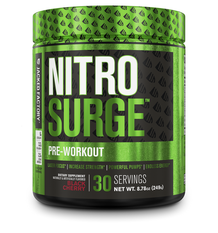 Jacked Factory's Black Cherry Nitrosurge (30 servings) in a black bottle with green label