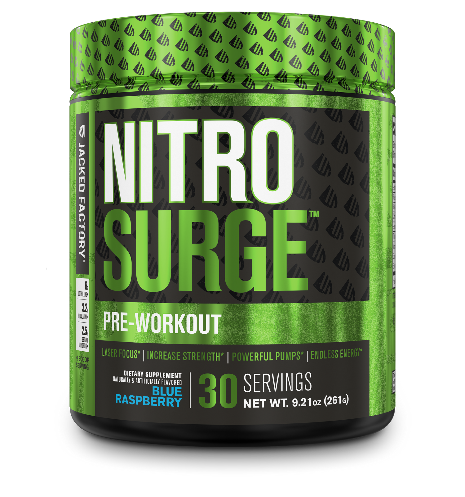 Jacked Factory's Blue Raspberry Nitrosurge (30 servings) in a black bottle with green label