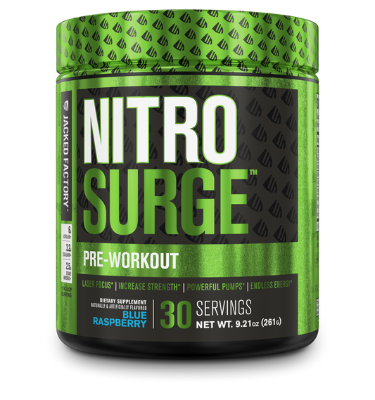 Jacked Factory's Blue Raspberry Nitrosurge (30 servings) in a black bottle with green label