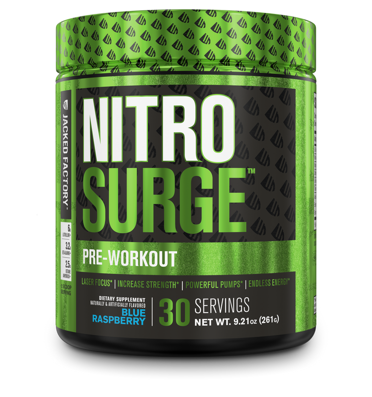 Jacked Factory's Blue Raspberry Nitrosurge (30 servings) in a black bottle with green label
