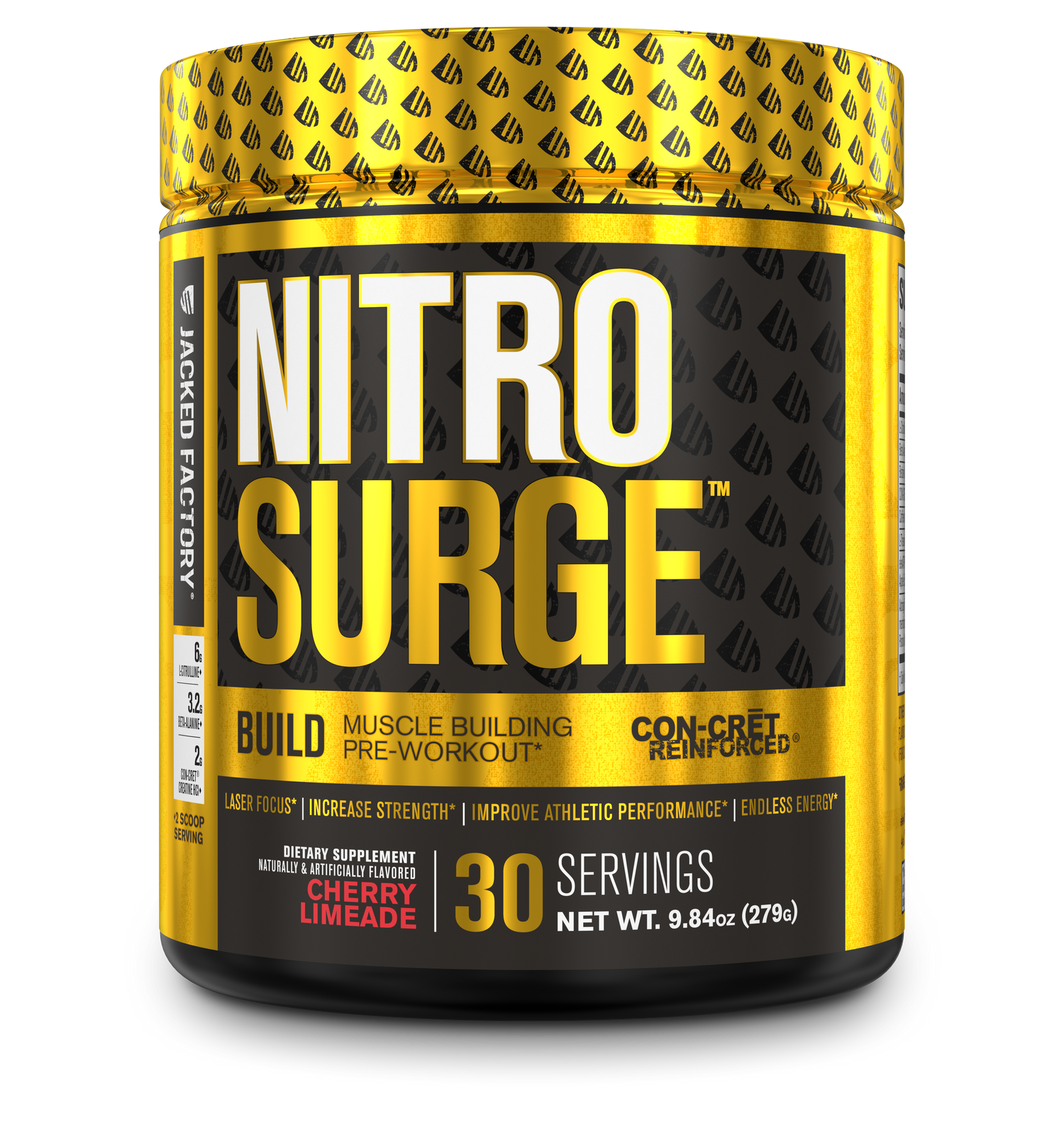 Jacked Factory Nitro Surge Build Cherry Limeade in a black tub with a gold and black label and a gold lid