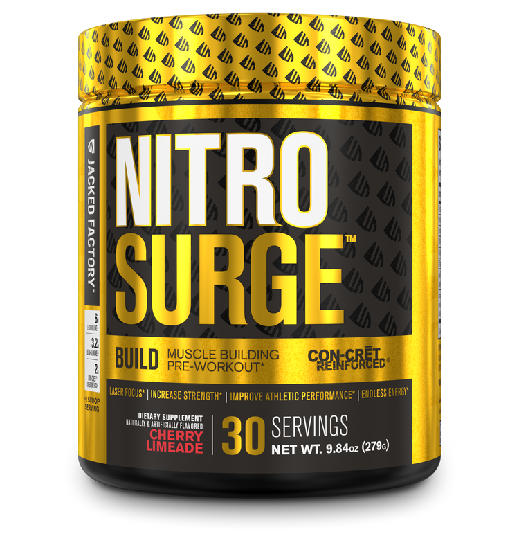 Jacked Factory Nitro Surge Build Cherry Limeade in a black tub with a gold and black label and a gold lid