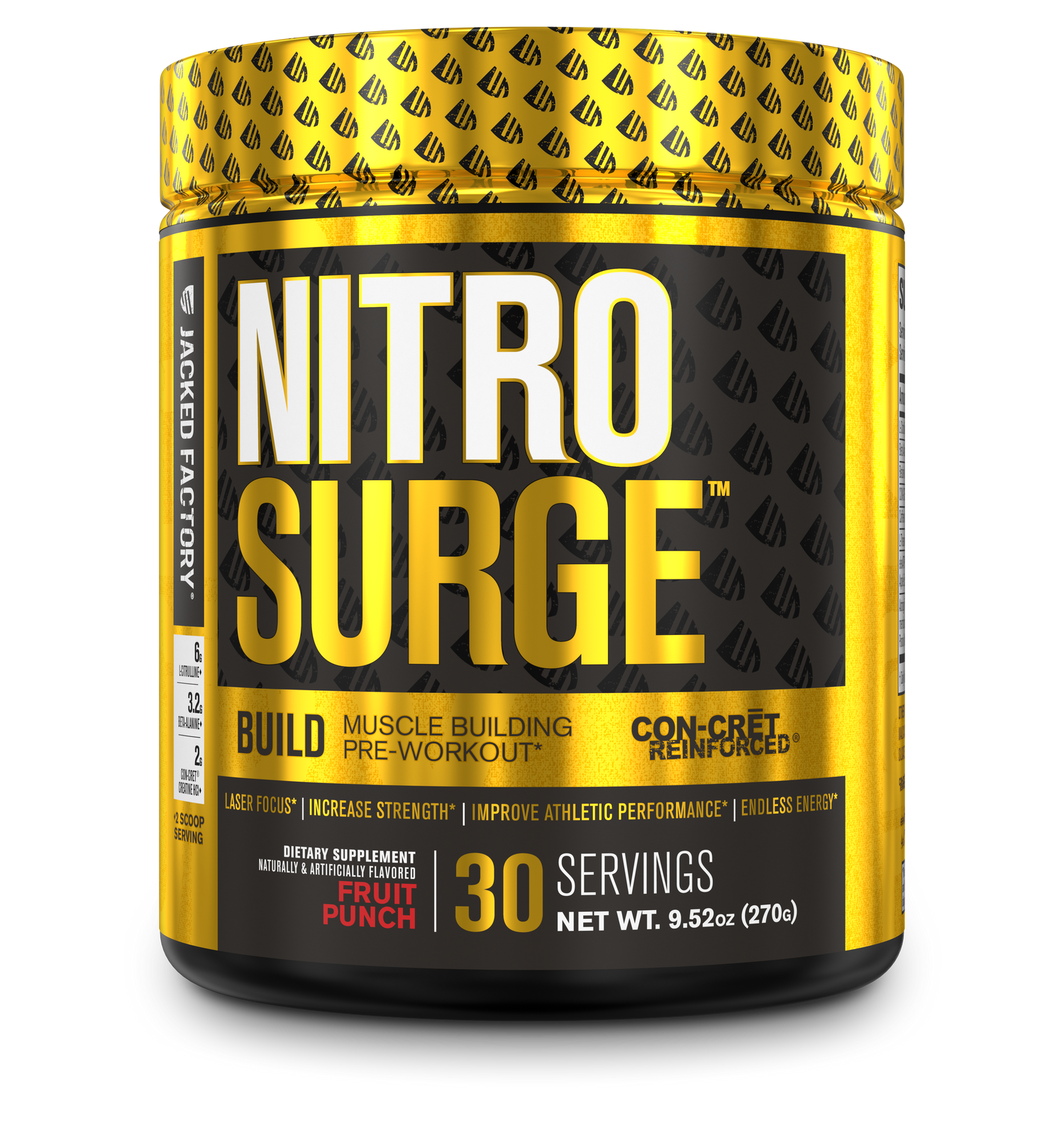 Jacked Factory Nitro Surge Build Fruit Punch in a black tub with a gold and black label and a gold lid