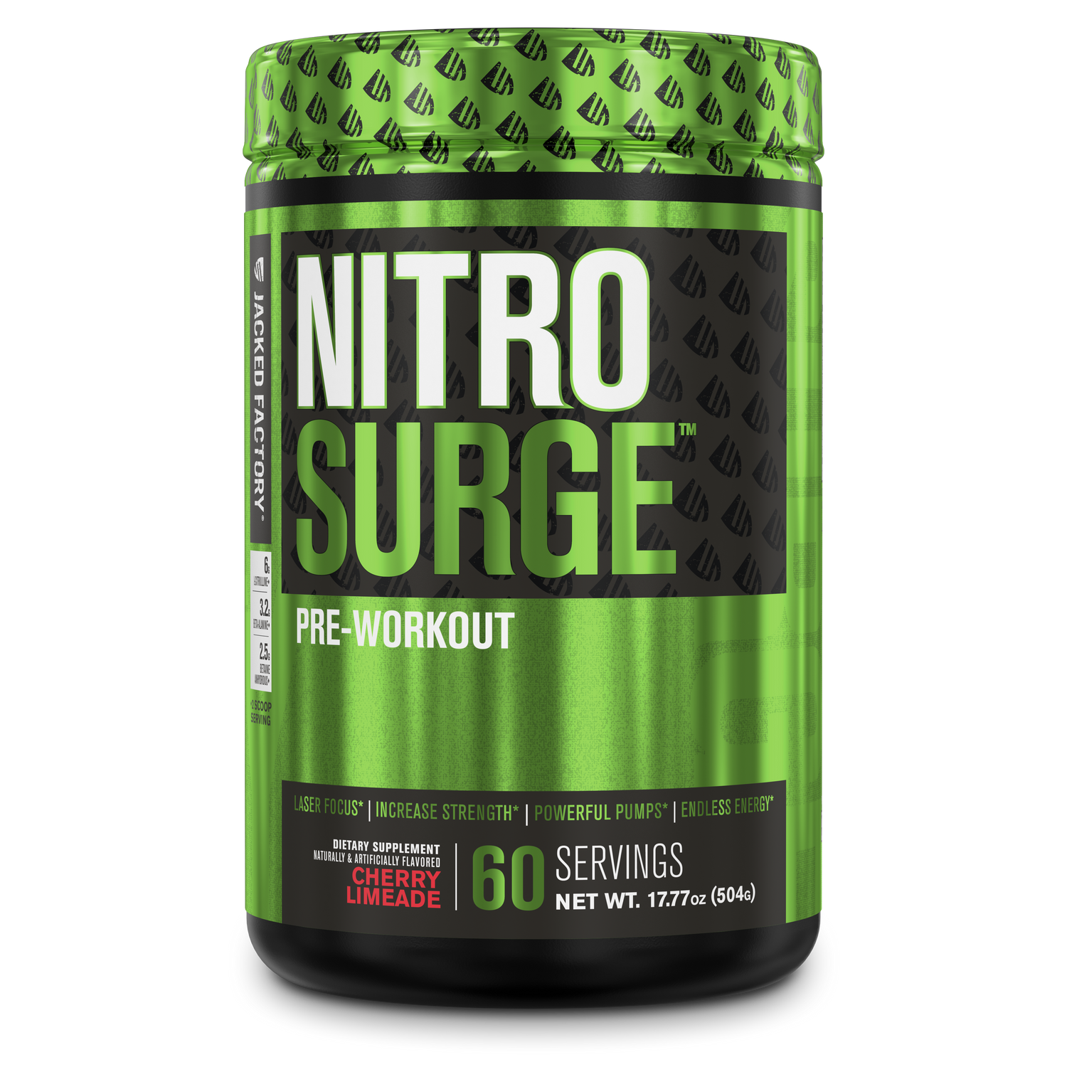 Jacked Factory's Cherry Limeade Nitrosurge (60 servings) in a black bottle with green label