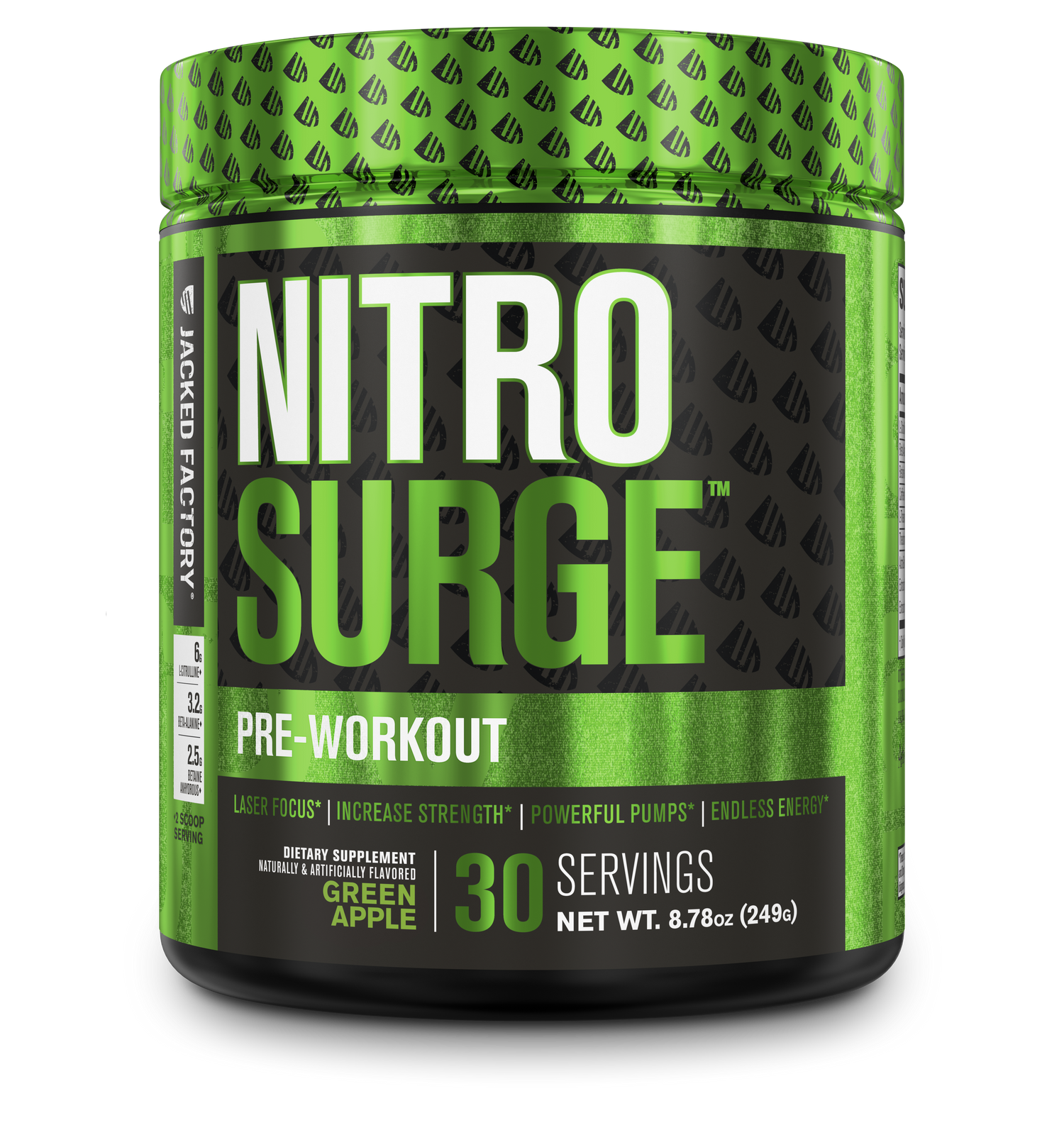 Jacked Factory's green apple Nitrosurge (30 servings) in a black bottle with green label