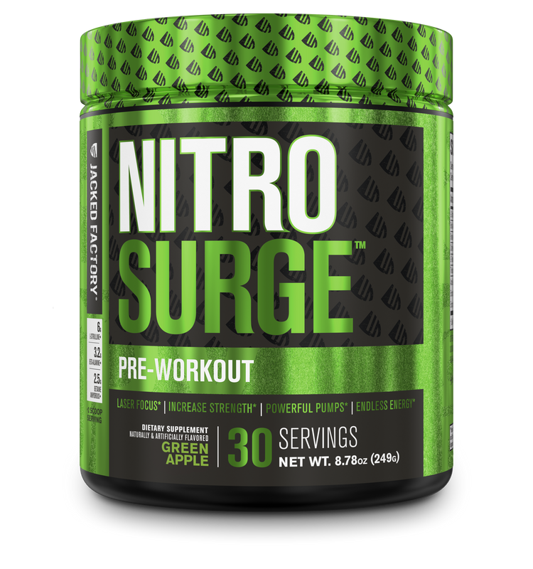 Jacked Factory's green apple Nitrosurge (30 servings) in a black bottle with green label