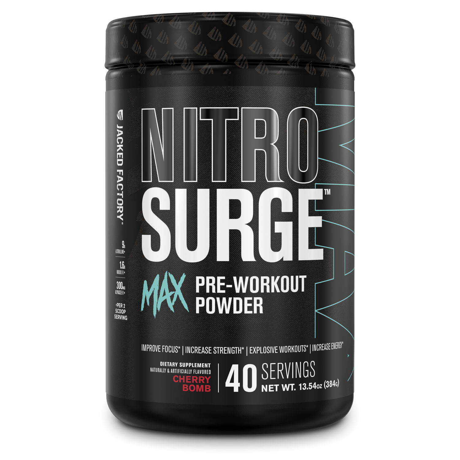 Jacked Factory Nitrosurge MAX Pre Workout Powder (40 servings) Cherry Bomb in a black tub with a black label and black lid