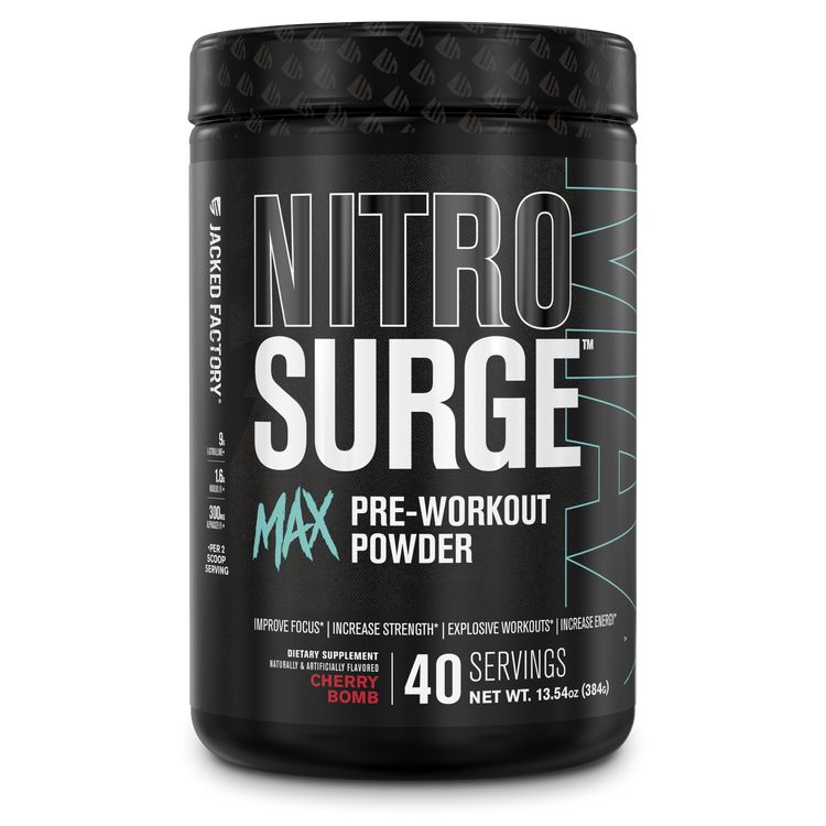 Jacked Factory Nitrosurge MAX Pre Workout Powder (40 servings) Cherry Bomb in a black tub with a black label and black lid