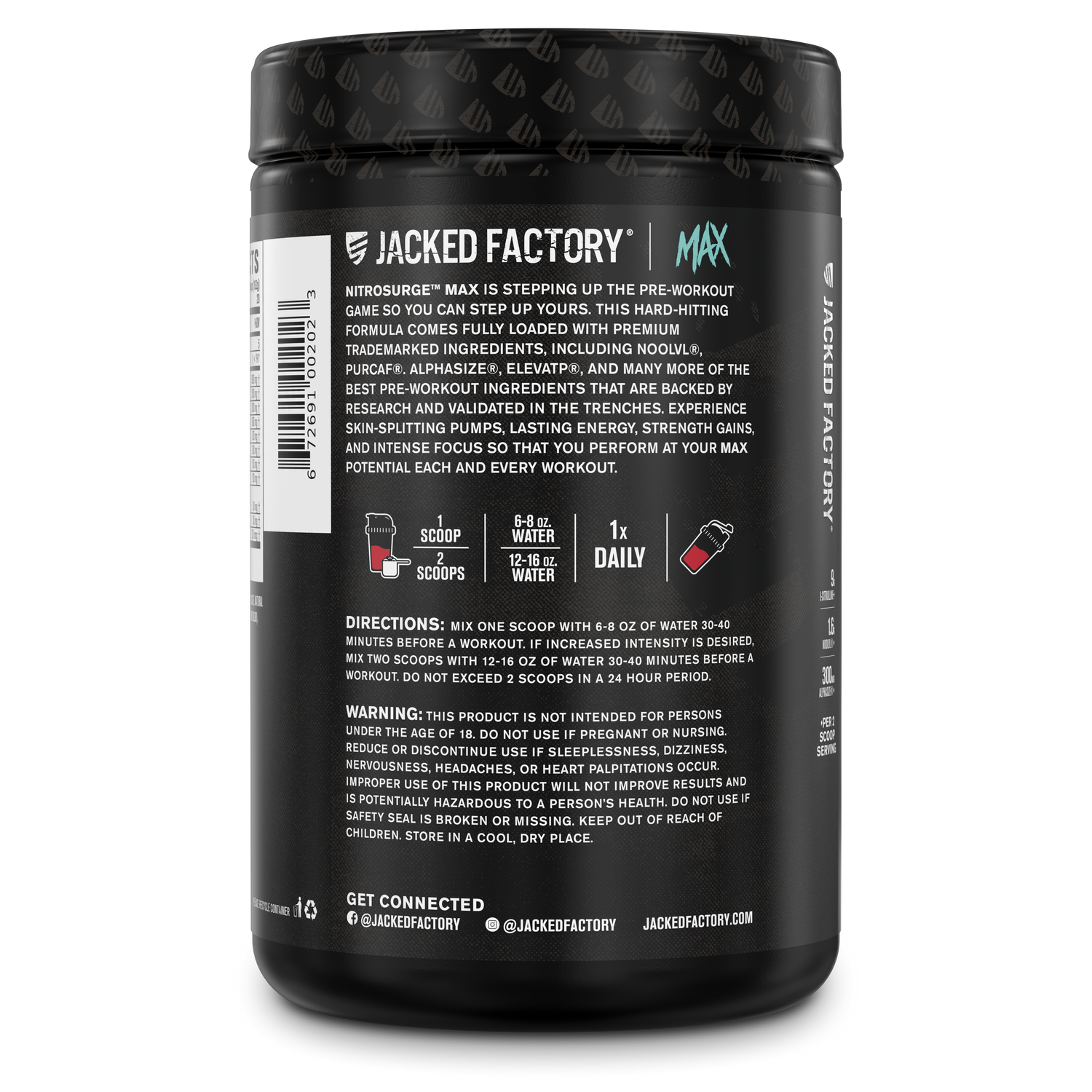 Side of Jacked Factory Nitrosurge MAX Pre Workout Powder (40 servings) in a black tub with a black label and black lid with recommended usage