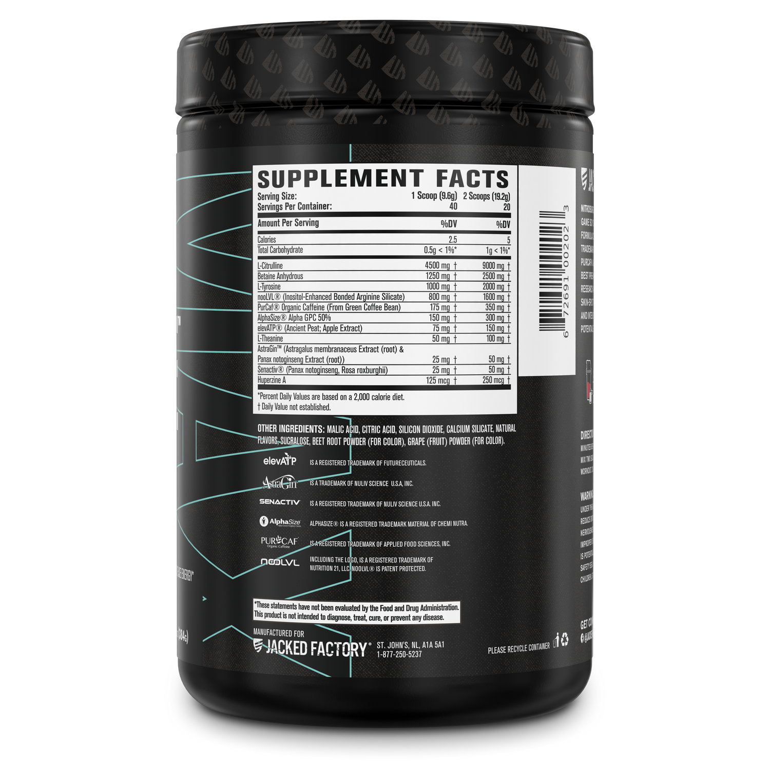 Side of Jacked Factory Nitrosurge MAX Pre Workout Powder (40 servings) in a black tub with a black label and black lid with supplement facts