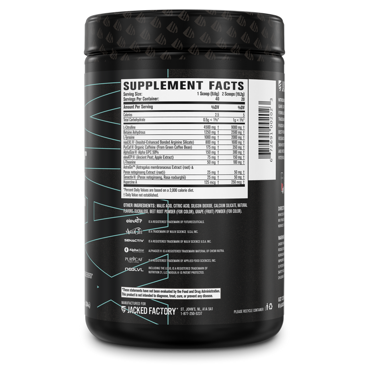 Side of Jacked Factory Nitrosurge MAX Pre Workout Powder (40 servings) in a black tub with a black label and black lid with supplement facts