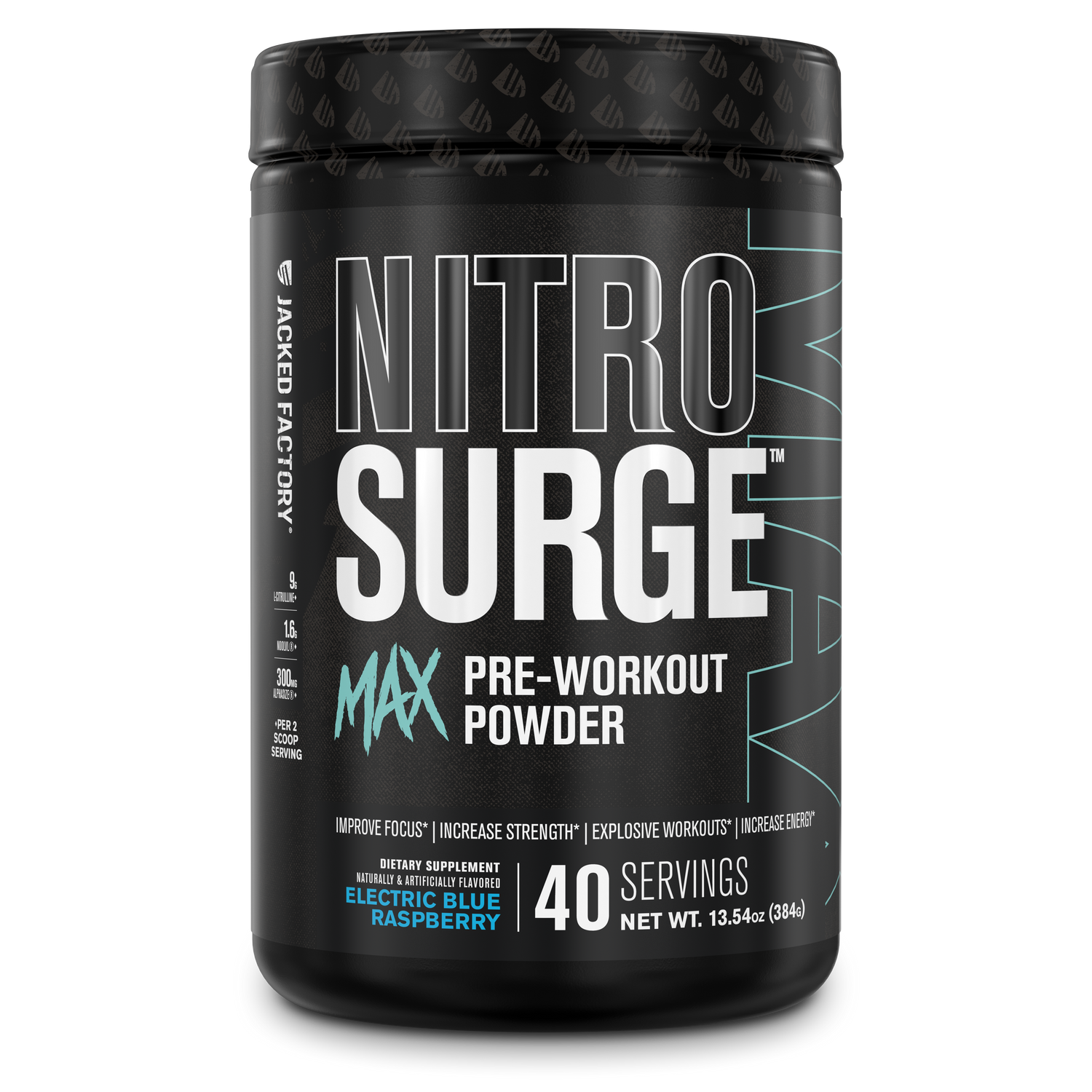 Jacked Factory Nitrosurge MAX Pre Workout Powder (40 servings) Electric Blue Raspberry in a black tub with a black label and black lid