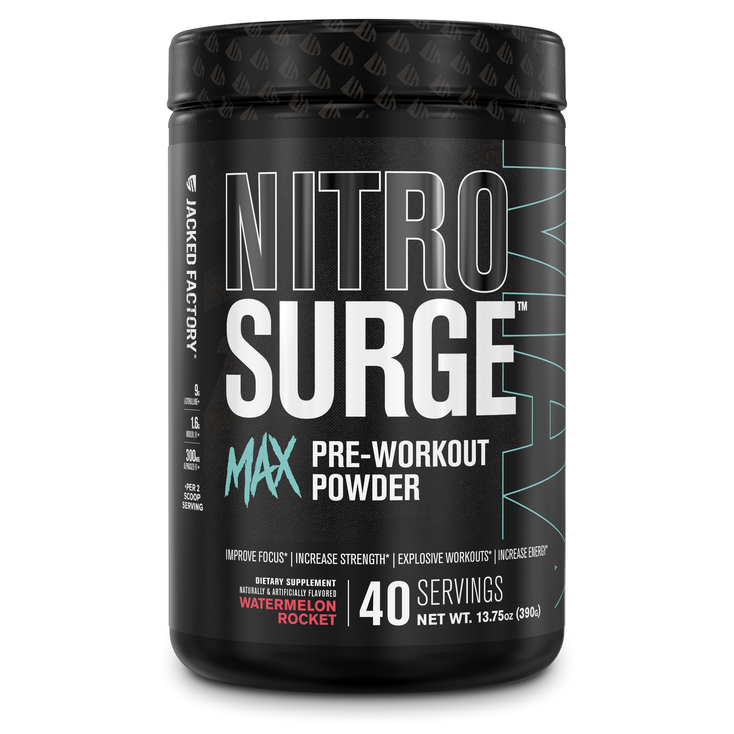 Jacked Factory Nitrosurge MAX Pre Workout Powder (40 servings) Watermelon Rocket in a black tub with a black label and black lid