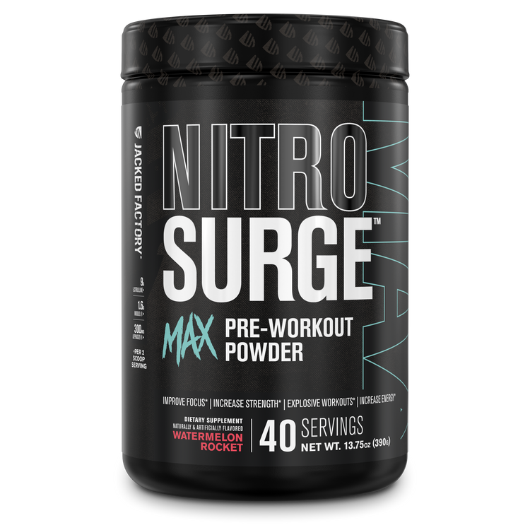 Jacked Factory Nitrosurge MAX Pre Workout Powder (40 servings) Watermelon Rocket in a black tub with a black label and black lid
