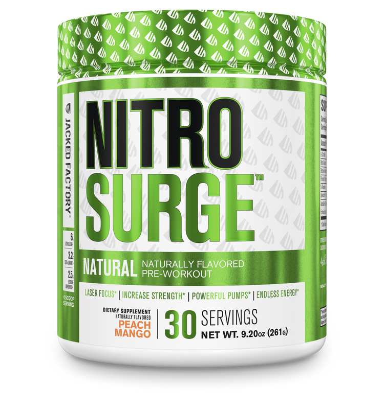 Jacked Factory Nitro Surge Natural Peach Mango. 30 Servings. Green and white label with a green and white lid