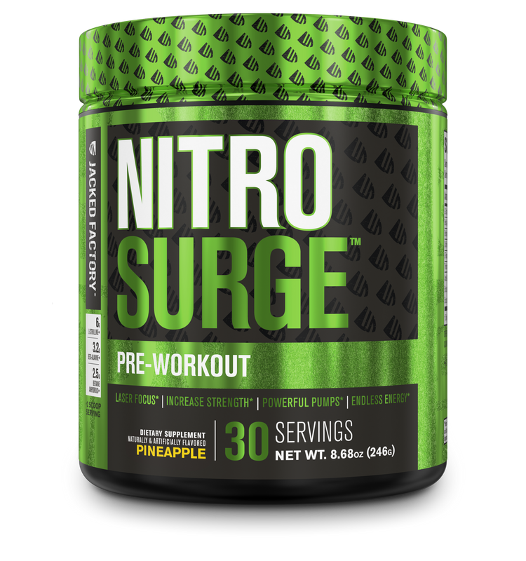 Jacked Factory's Pineapple Nitrosurge (30 servings) in a black bottle with green label