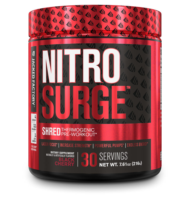 Jacked Factory's Black Cherry Nitrosurge Shred (30 servings) in a black bottle with red label