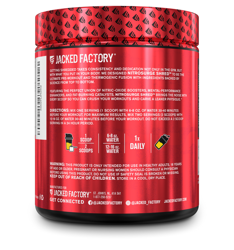 Side of Jacked Factory's  Nitrosurge Shred (30 servings) in a black bottle with red label with product information and instructions 