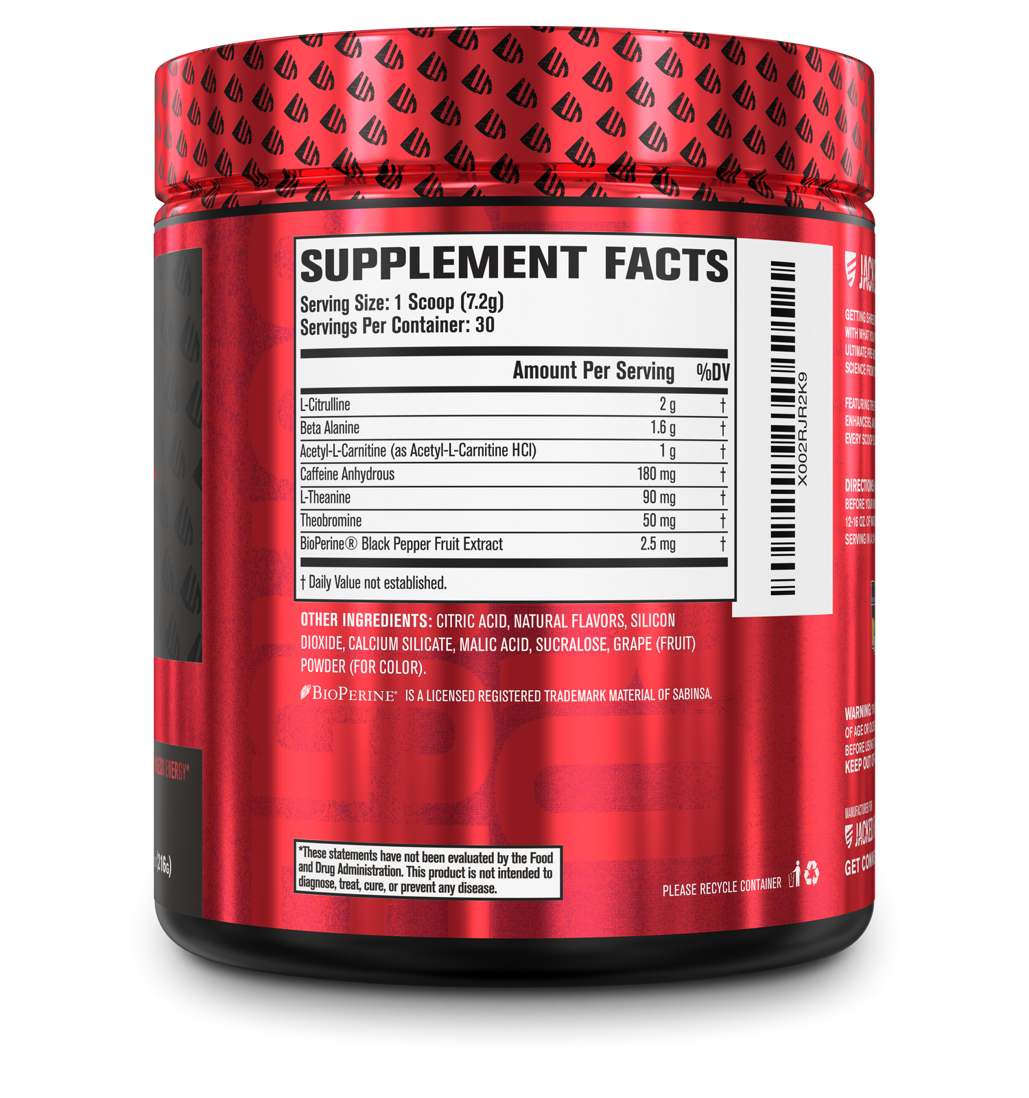 Side of Jacked Factory's Nitrosurge Shred (30 servings) in a black bottle with red label showing the supplement fact panel