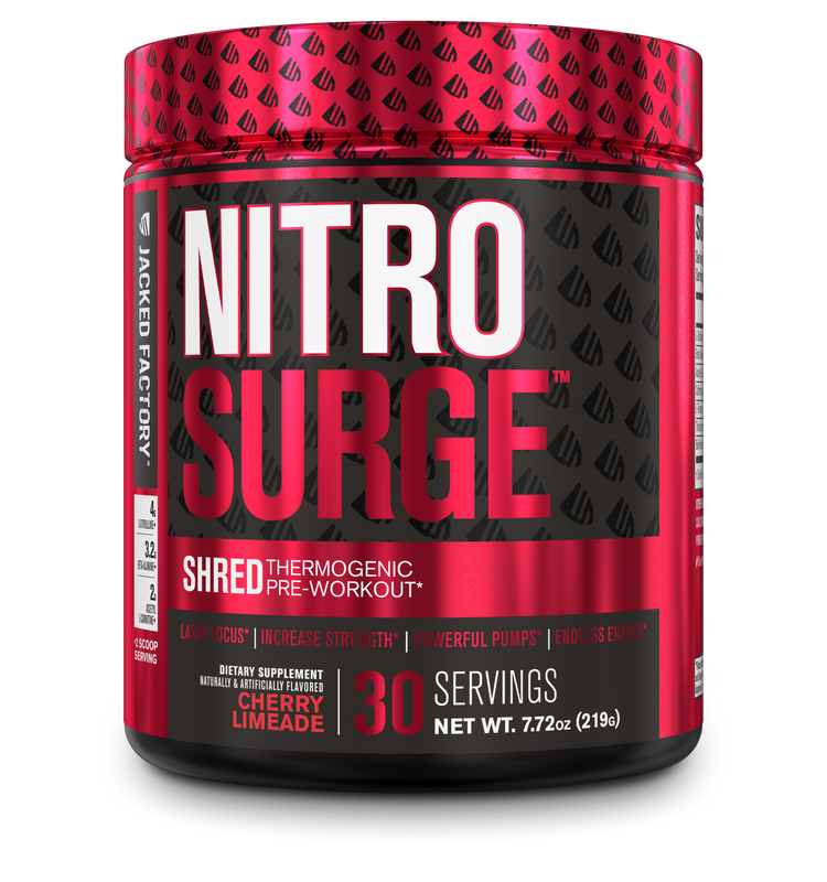Jacked Factory's Cherry Limeade Nitrosurge Shred (30 servings) in a black bottle with red label