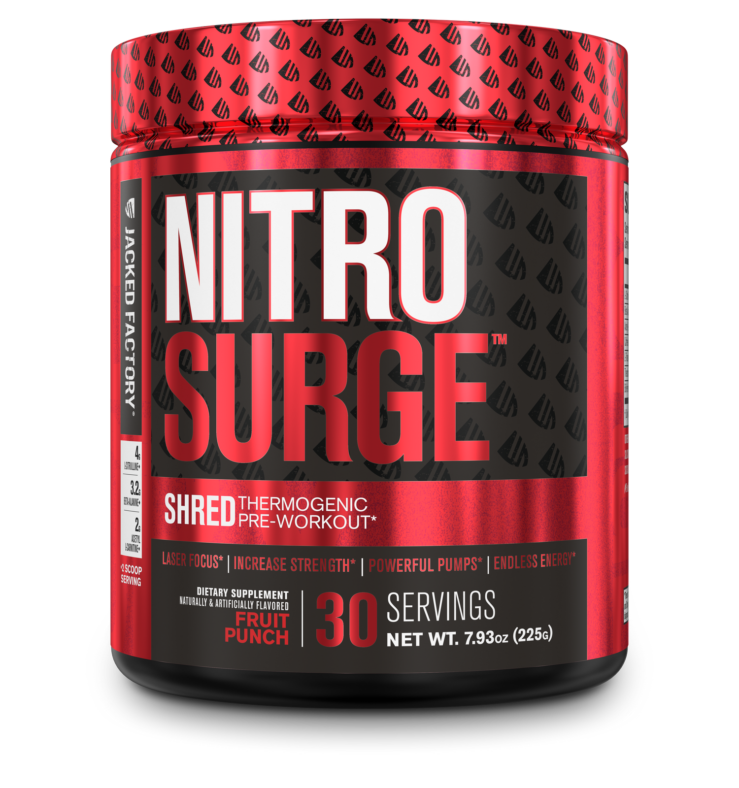 Jacked Factory's Fruit Punch Nitrosurge Shred (30 servings) in a black bottle with red label
