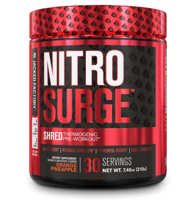 Jacked Factory's Orange Pineapple Nitrosurge Shred (30 servings) in a black bottle with red label