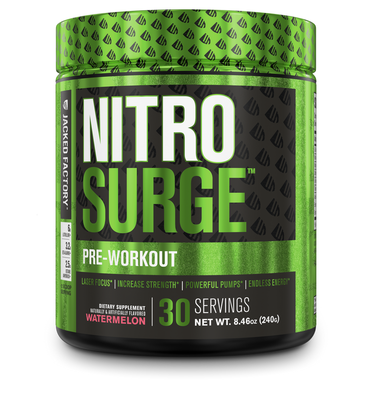 Jacked Factory's Watermelon Nitrosurge (30 servings) in a black bottle with green label