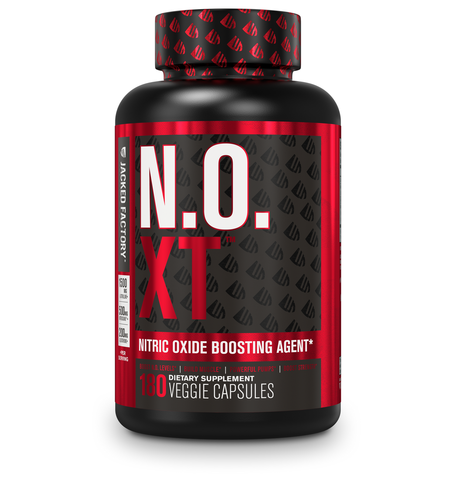 Jacked Factory's N.O. XT (180 veggie capsules) in a black bottle with red label