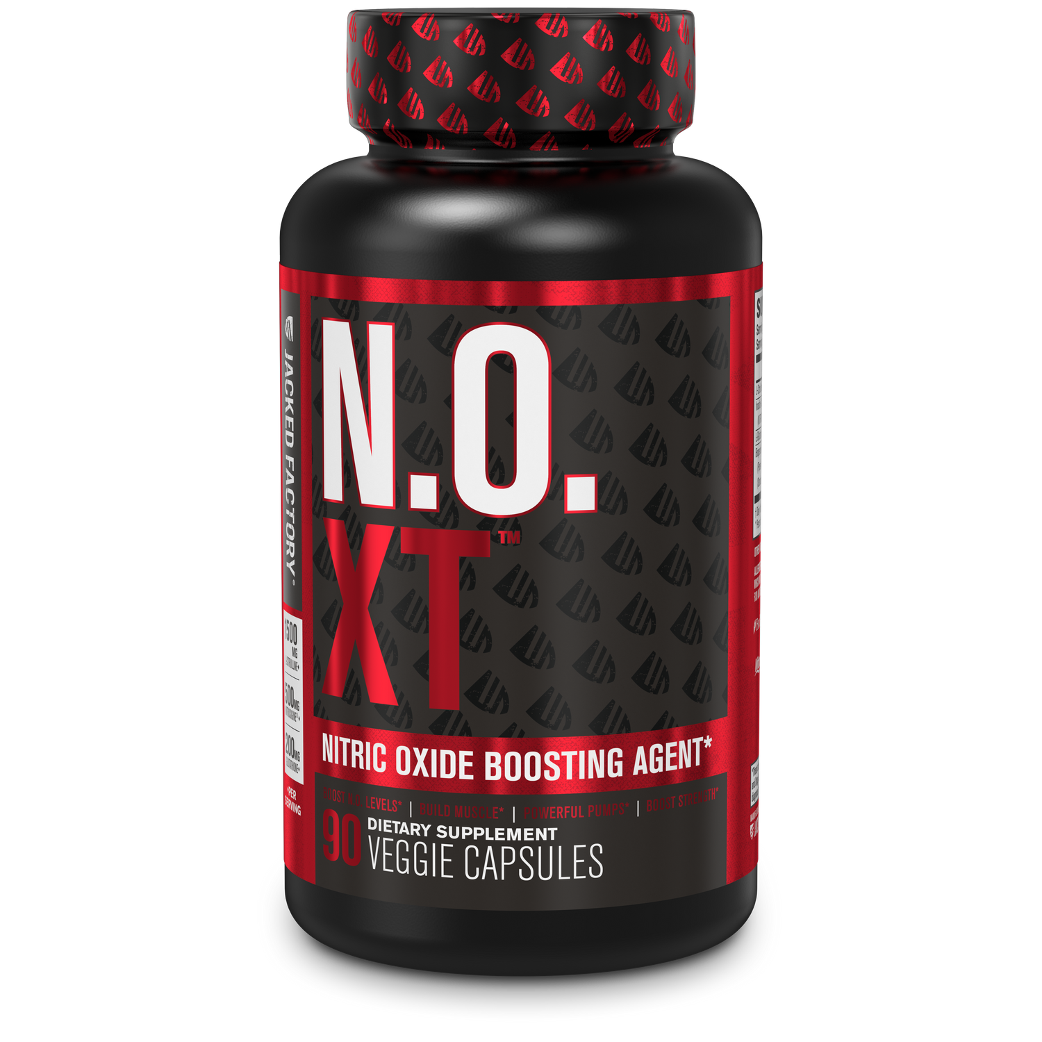 Jacked Factory's N.O. XT (90 veggie capsules) in a black bottle with red label