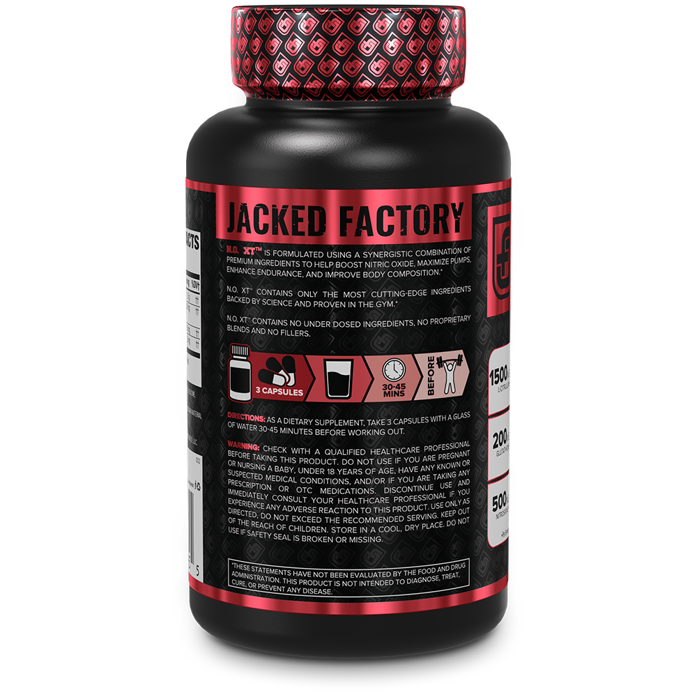 Side of Jacked Factory's N.O. XT (90 veggie capsules) in a black bottle with red label showing product description