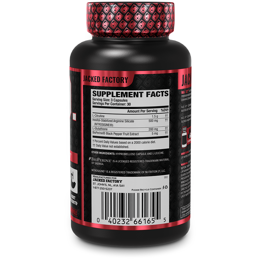 Side of Jacked Factory's N.O. XT (90 veggie capsules) in a black bottle with red label showing supplement facts  