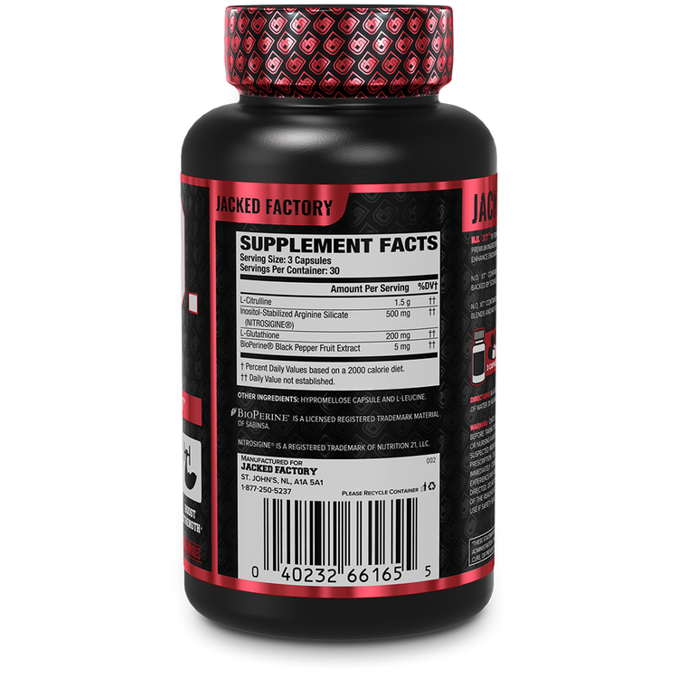Side of Jacked Factory's N.O. XT (90 veggie capsules) in a black bottle with red label showing supplement facts  