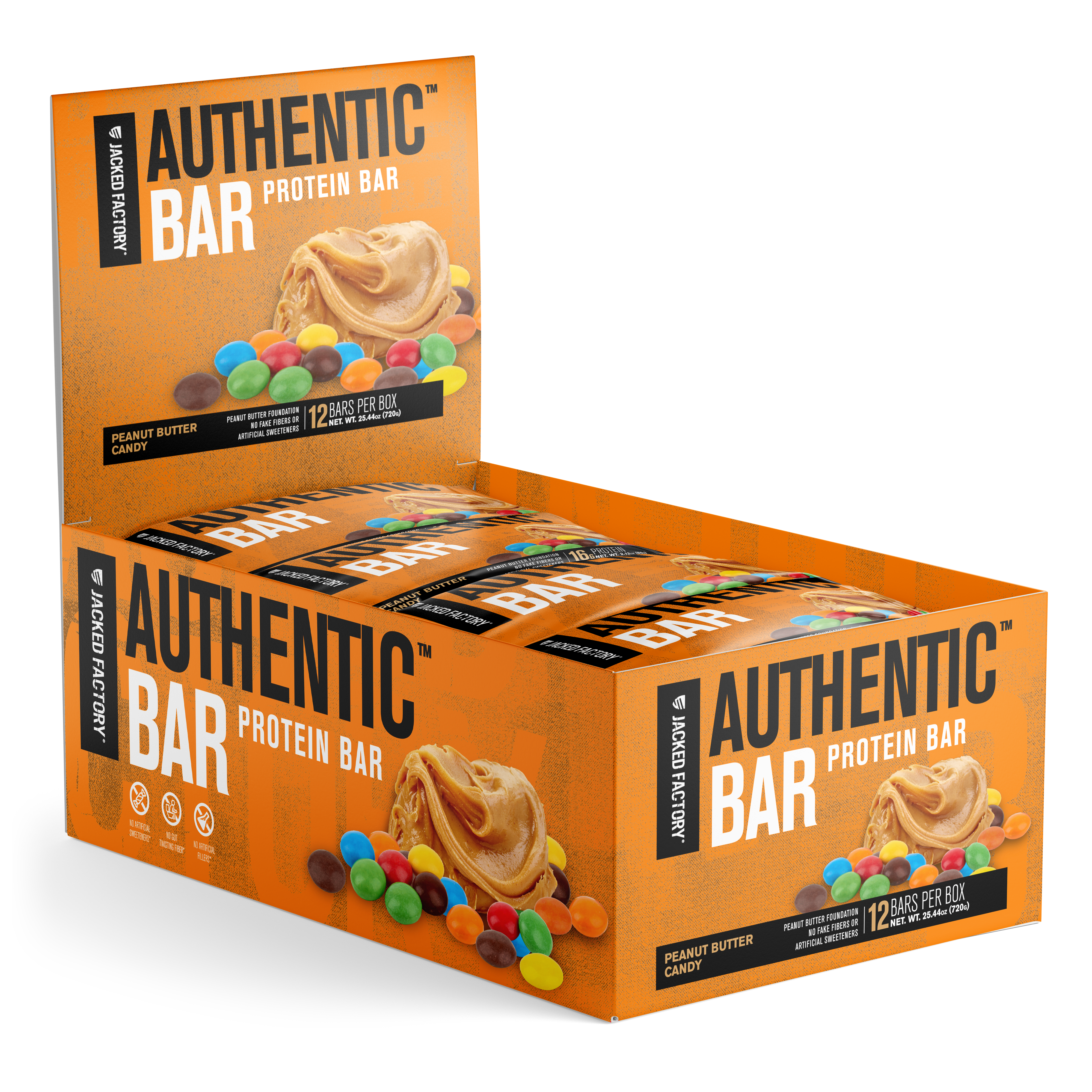 Jacked Factory's 12-pack of Peanut Butter Candy Authentic Bars in an orange box with a peanut butter and candy image 