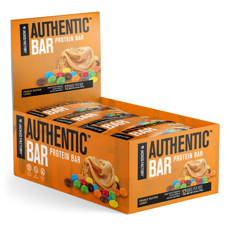 Jacked Factory's 12-pack of Peanut Butter Candy Authentic Bars in an orange box with a peanut butter and candy image