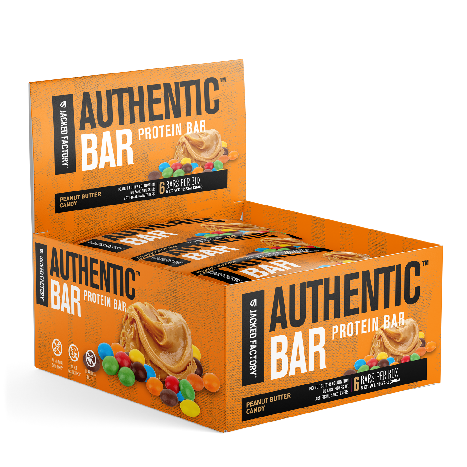 Jacked Factory's 6-pack of Peanut Butter Candy Authentic Bars in an orange box with a peanut butter and candy image