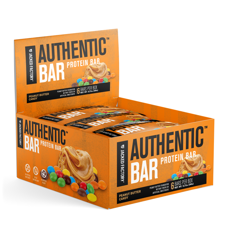 Jacked Factory's 6-pack of Peanut Butter Candy Authentic Bars in an orange box with a peanut butter and candy image