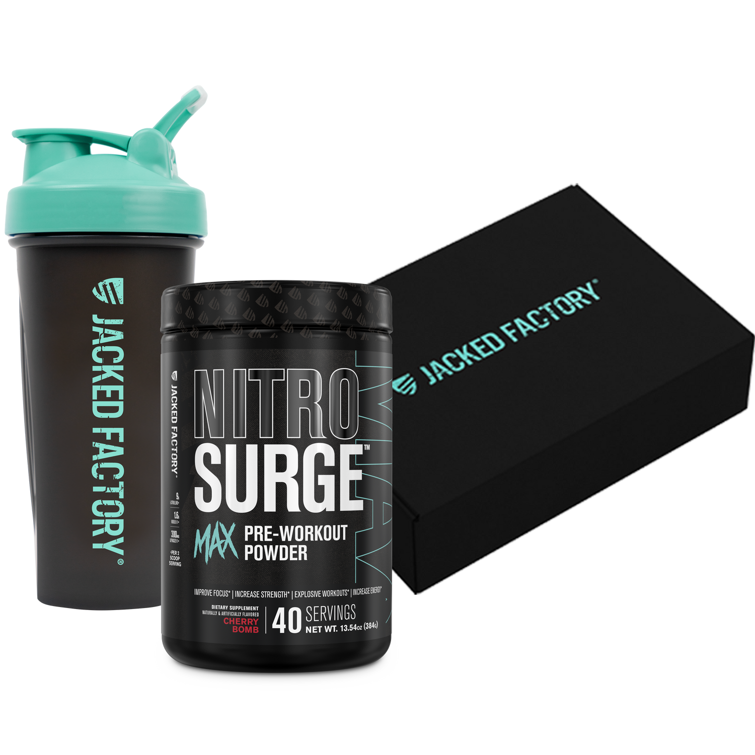 Black Jacked Factory Shaker with blue and a black tub of cherry bomb nitrosurge max pre-workout beside a black jacked factory box