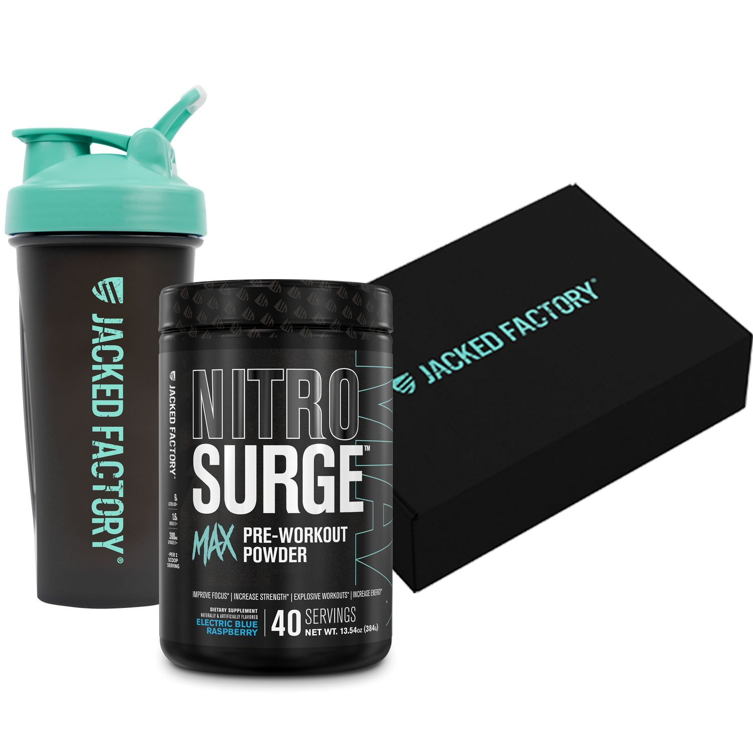 Black Jacked Factory Shaker with blue and a black tub of electric blue raspberry nitrosurge max pre-workout beside a black jacked factory box