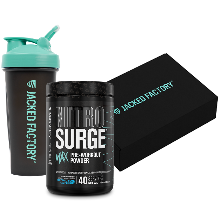 Black Jacked Factory Shaker with blue and a black tub of electric blue raspberry nitrosurge max pre-workout beside a black jacked factory box