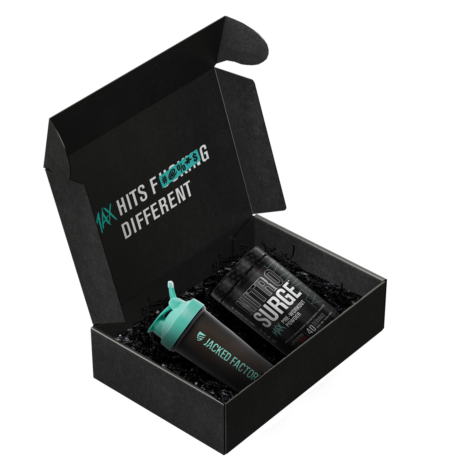 Open black box containing limited edition nitrosurge max shaker bottle and a nitrosurge™ max tub of pre-workout
