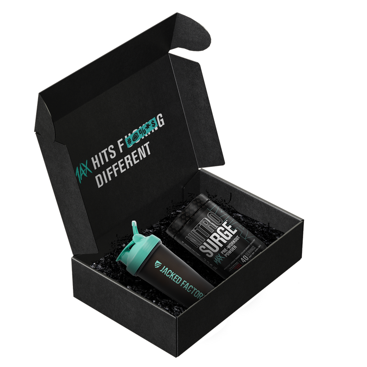 Open black box containing limited edition nitrosurge max shaker bottle and a nitrosurge™ max tub of pre-workout