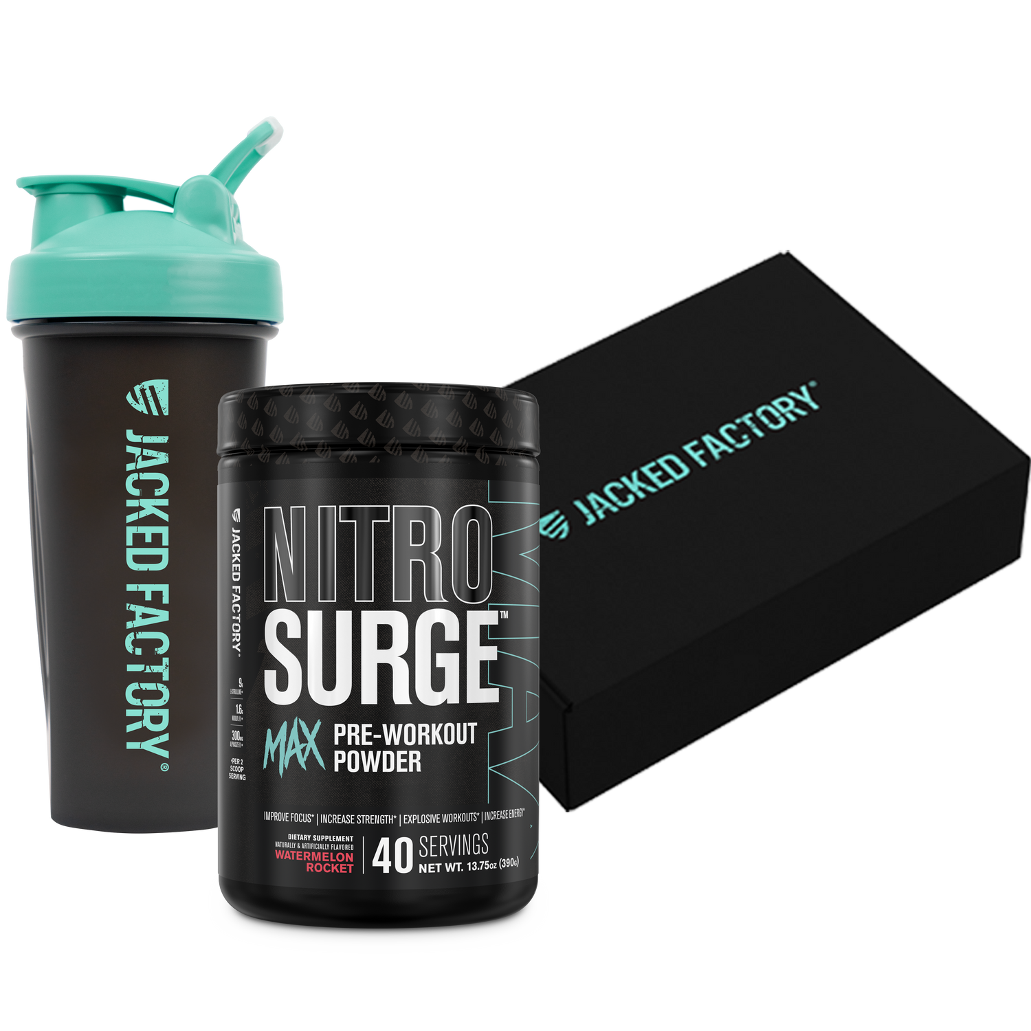 Black Jacked Factory Shaker with blue and a black tub of watermelon rocket nitrosurge max pre-workout beside a black jacked factory box