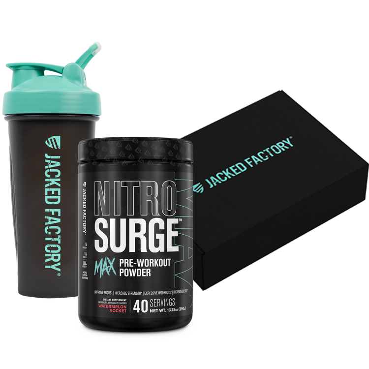 Black Jacked Factory Shaker with blue and a black tub of watermelon rocket nitrosurge max pre-workout beside a black jacked factory box