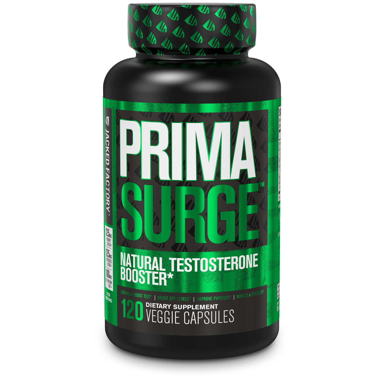 Jacked Factory's Primasurge (120 veggie capsules) in a black bottle with green label