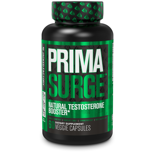 Jacked Factory's Primasurge (60 veggie capsules) in a black bottle with green label with the text "FRESH NEW LOOK, SAME GREAT FORMULA".