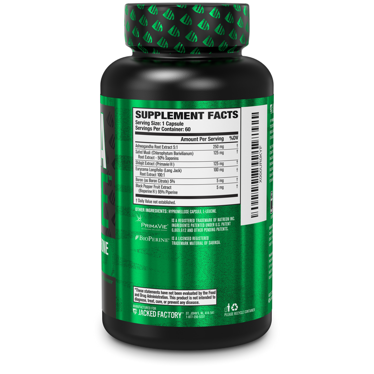 Side of Jacked Factory's Primasurge (60 veggie capsules) in a black bottle with green label showing nutritional information