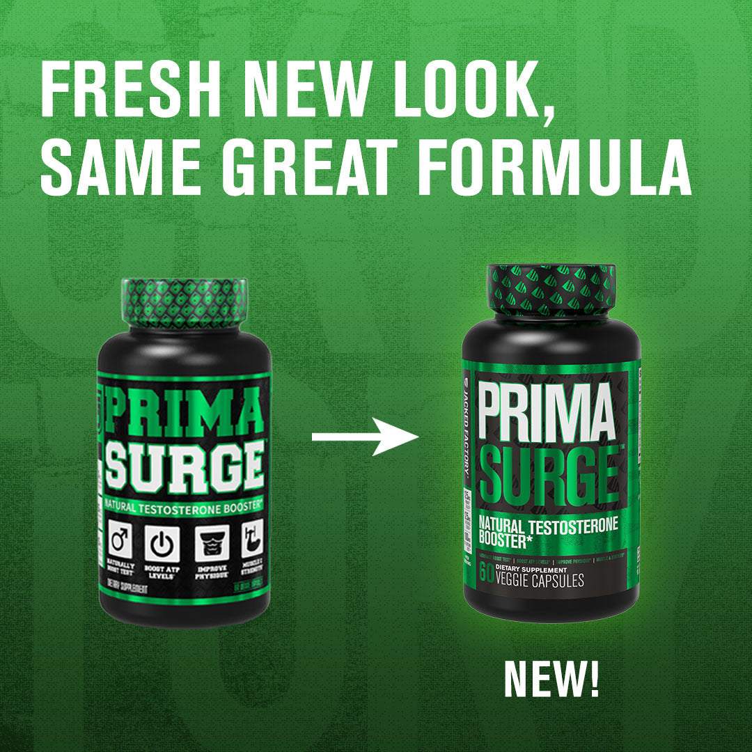 Comparing old Primasurge (60 veggie capsules) to new Jacked Factory's Primasurge (60 veggie capsules) in a black bottle with green label