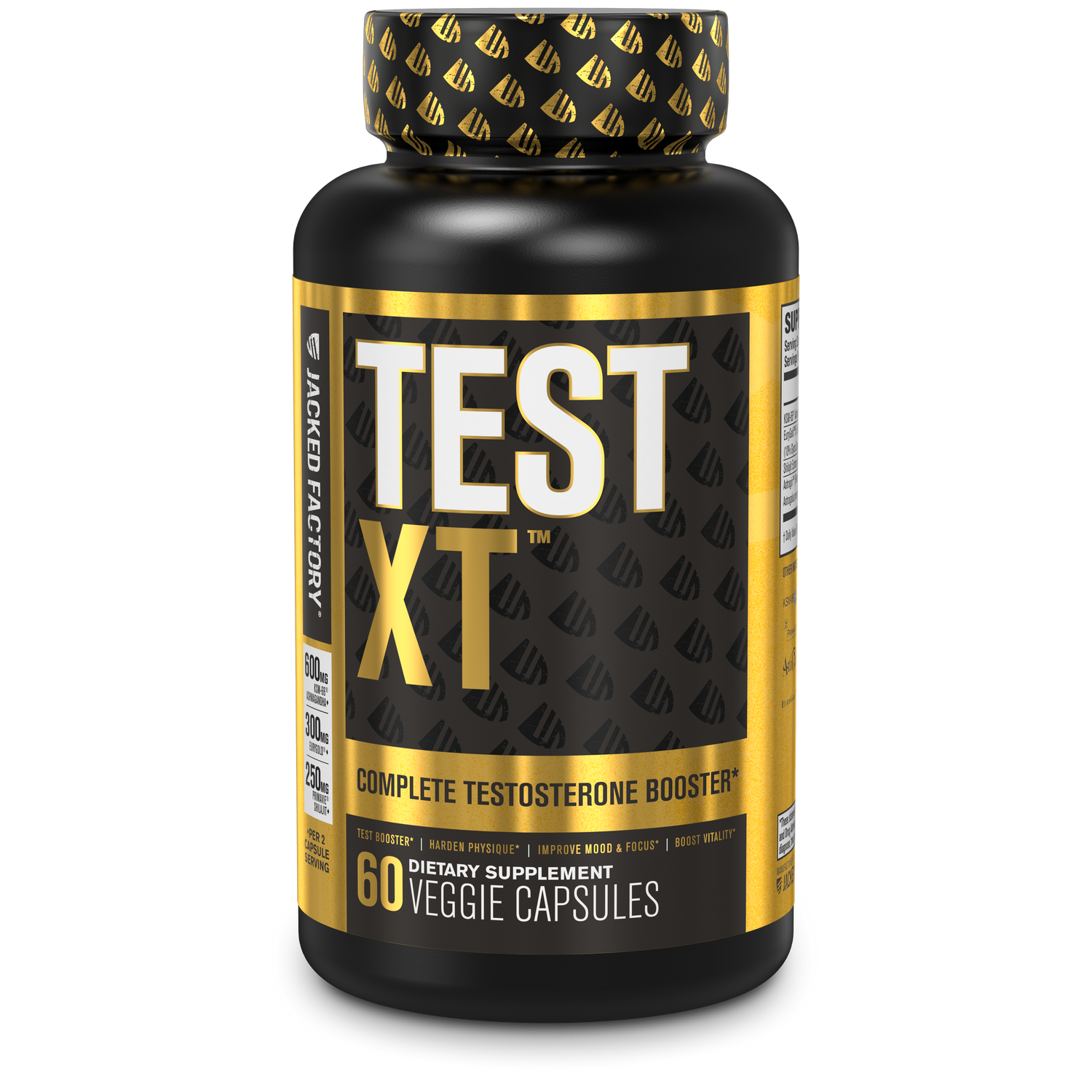 Jacked Factory's Test XT Black (60 veggie capsules) in a black bottle with a gold and white label