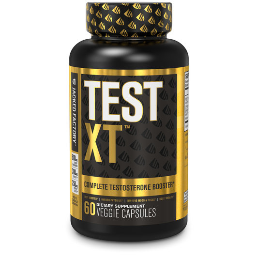 Jacked Factory's Test XT Black (60 veggie capsules) in a black bottle with a gold and white label